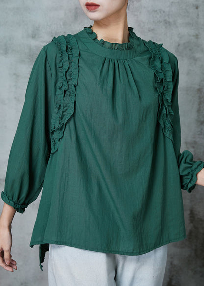 Blackish Green Ruffled Cotton Shirts Spring