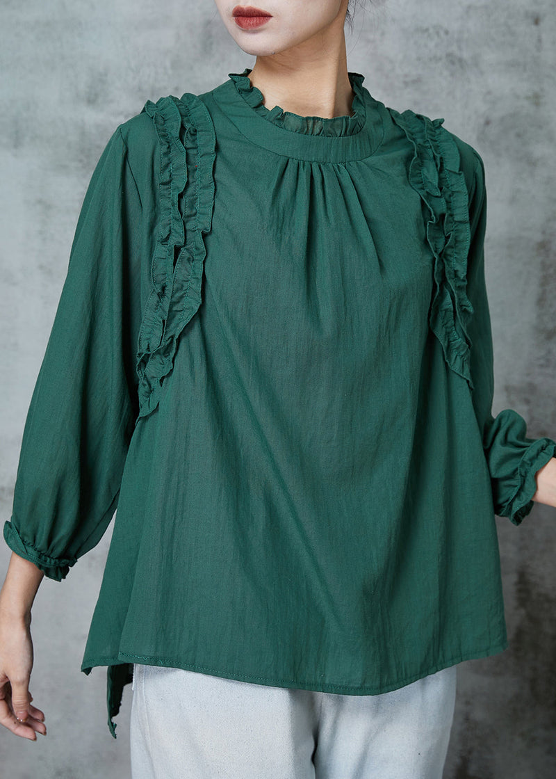 Blackish Green Ruffled Cotton Shirts Spring