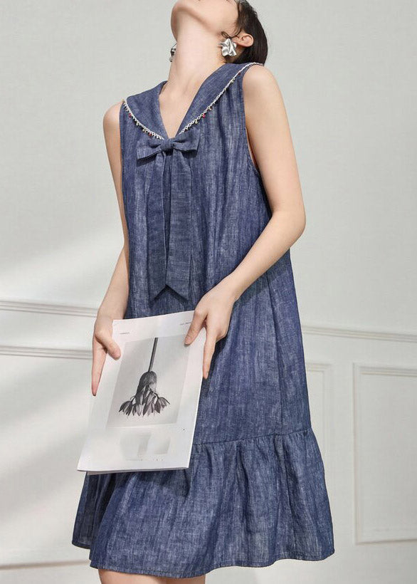Blue Bow Linen Maxi Dresses Sleeveless