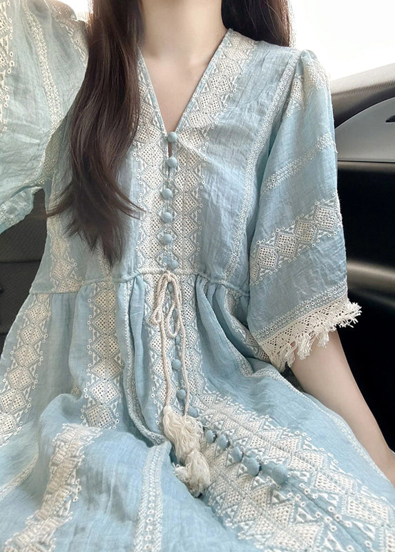 Blue Embroideried Patchwork Cotton Vacation Dresses Summer
