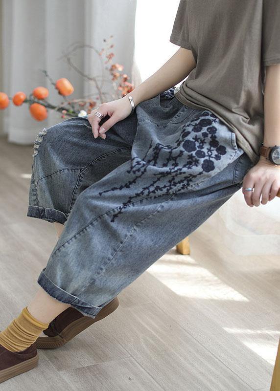 Blue Embroideried Summer Denim Pants