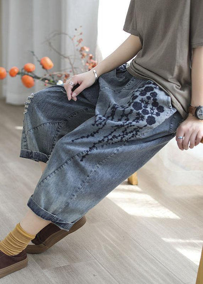 Blue Embroideried Summer Denim Pants