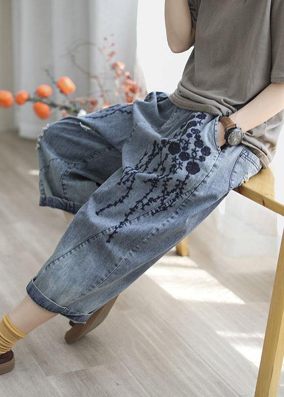 Blue Embroideried Summer Denim Pants