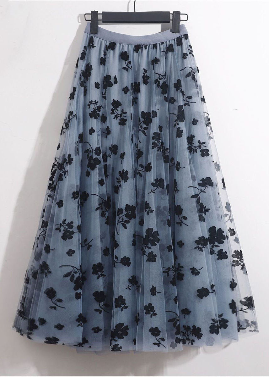 Blue Grey Elastic Waist Print Tulle a Line Skirts Spring