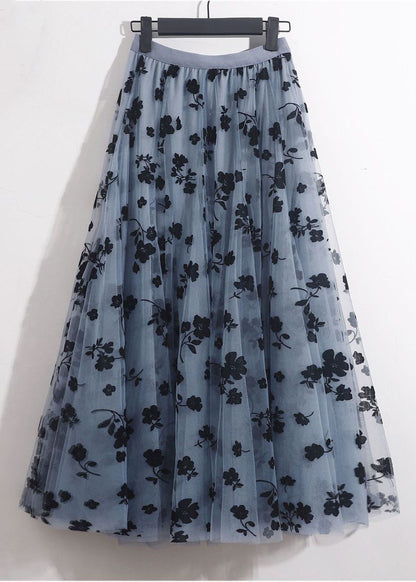 Blue Grey Elastic Waist Print Tulle a Line Skirts Spring