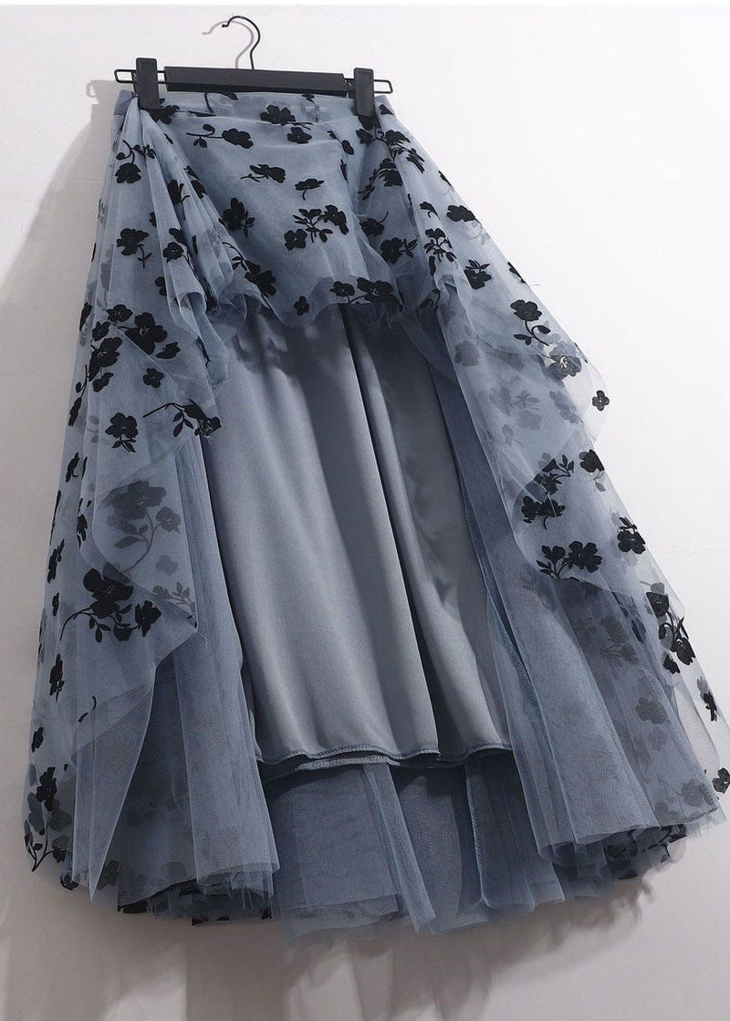 Blue Grey Elastic Waist Print Tulle a Line Skirts Spring