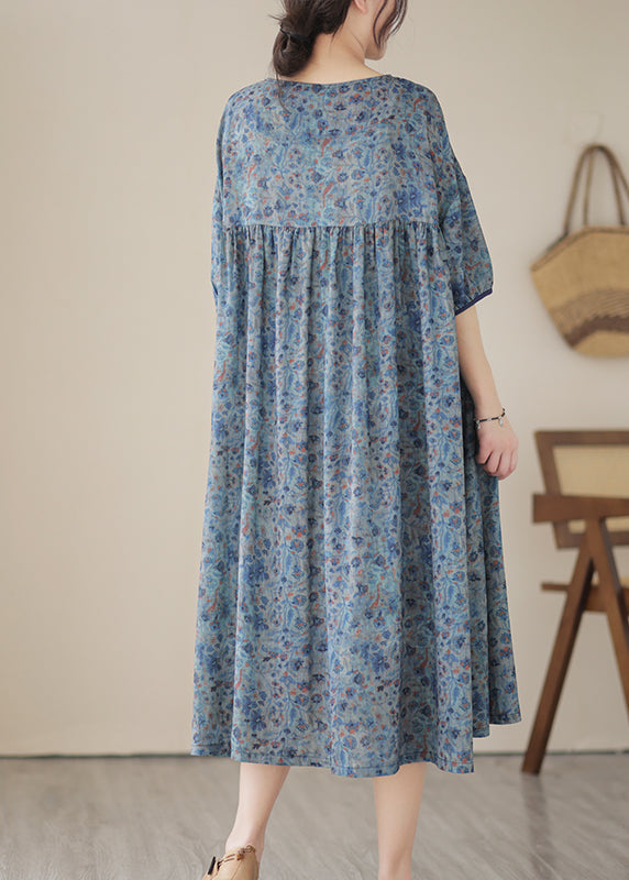 Blue Grey Oversized Print Linen Maxi Dresses Summer