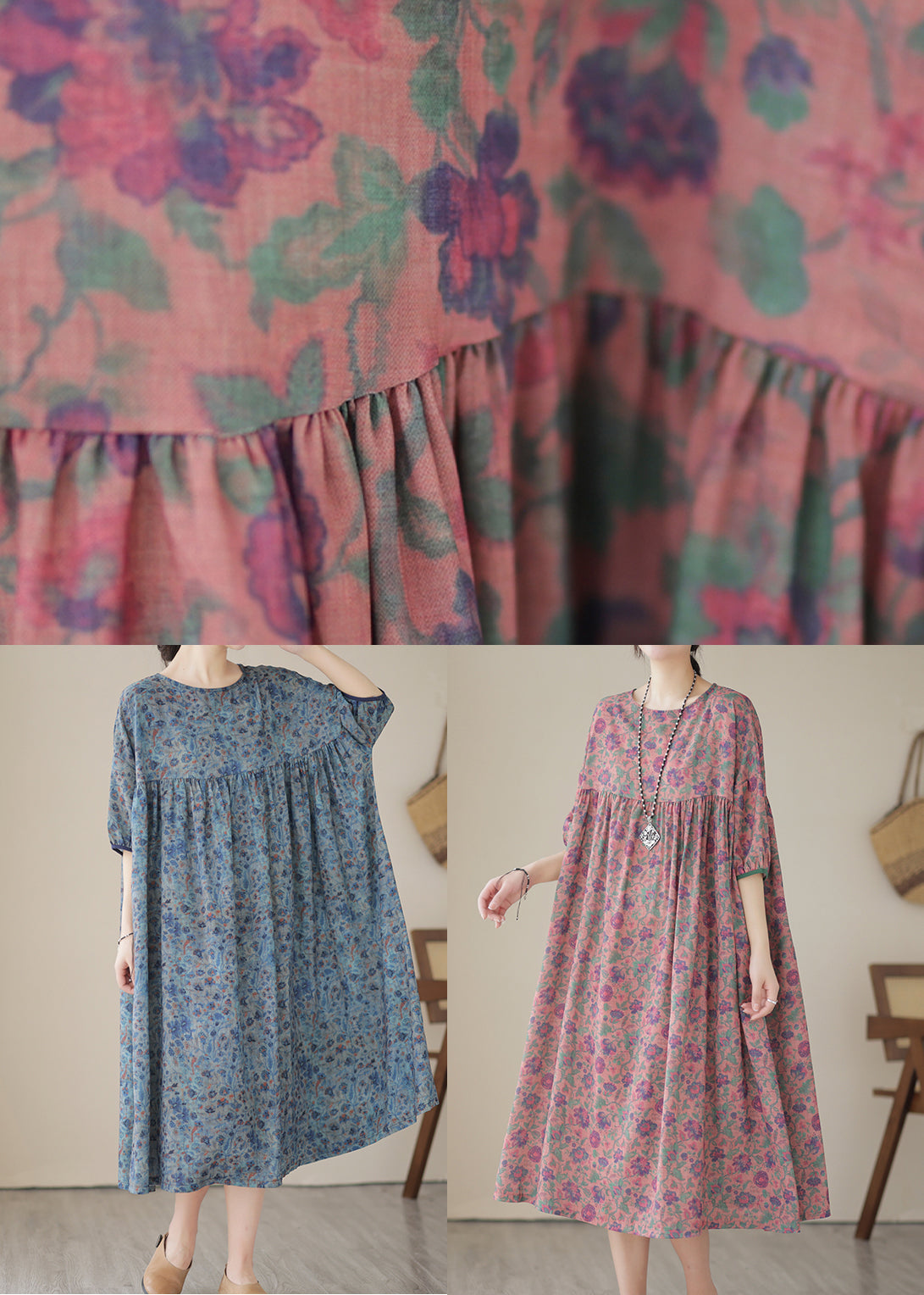 Blue Grey Oversized Print Linen Maxi Dresses Summer