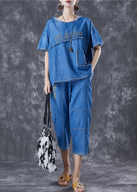 Blue Letter Embroidered Patchwork Denim Two Pieces Set Summer