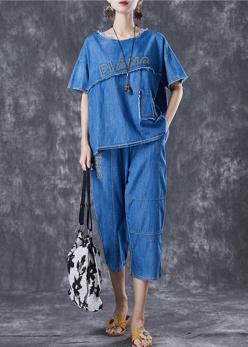 Blue Letter Embroidered Patchwork Denim Two Pieces Set Summer