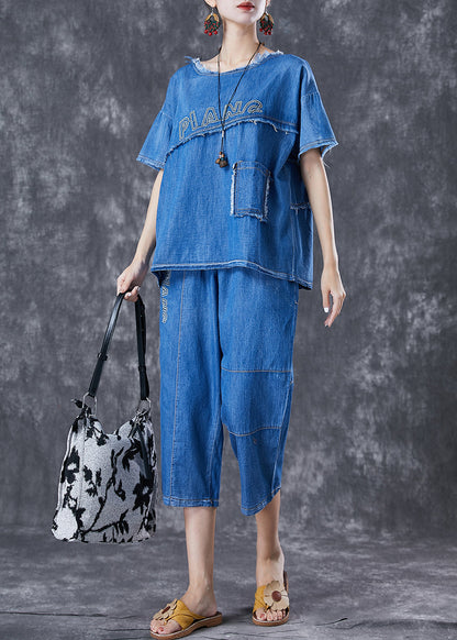 Blue Letter Embroidered Patchwork Denim Two Pieces Set Summer