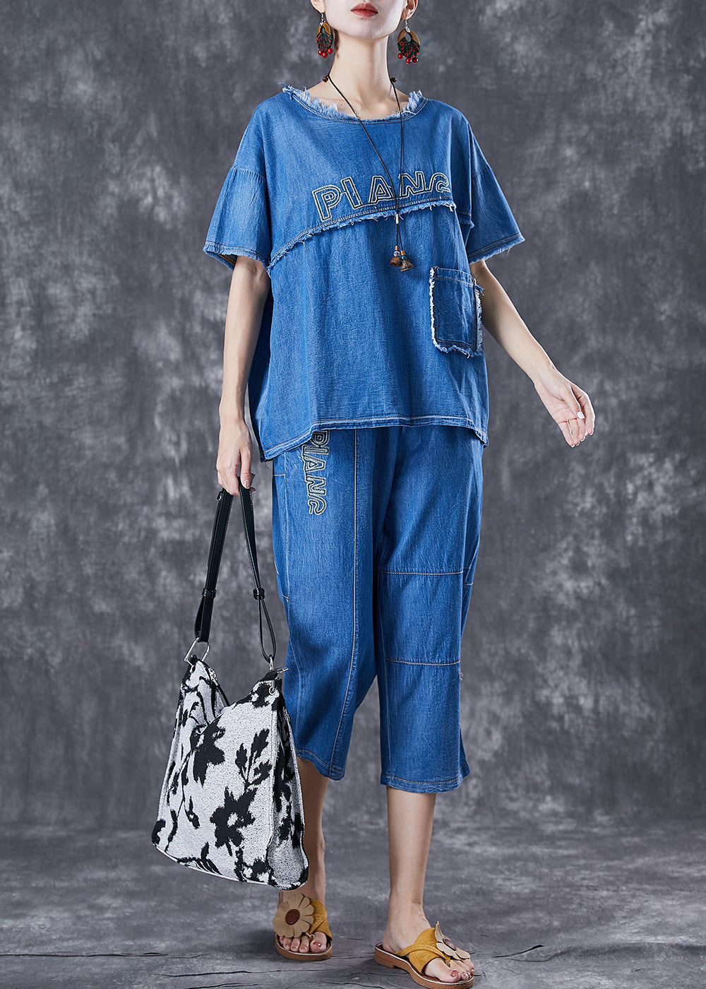 Blue Letter Embroidered Patchwork Denim Two Pieces Set Summer
