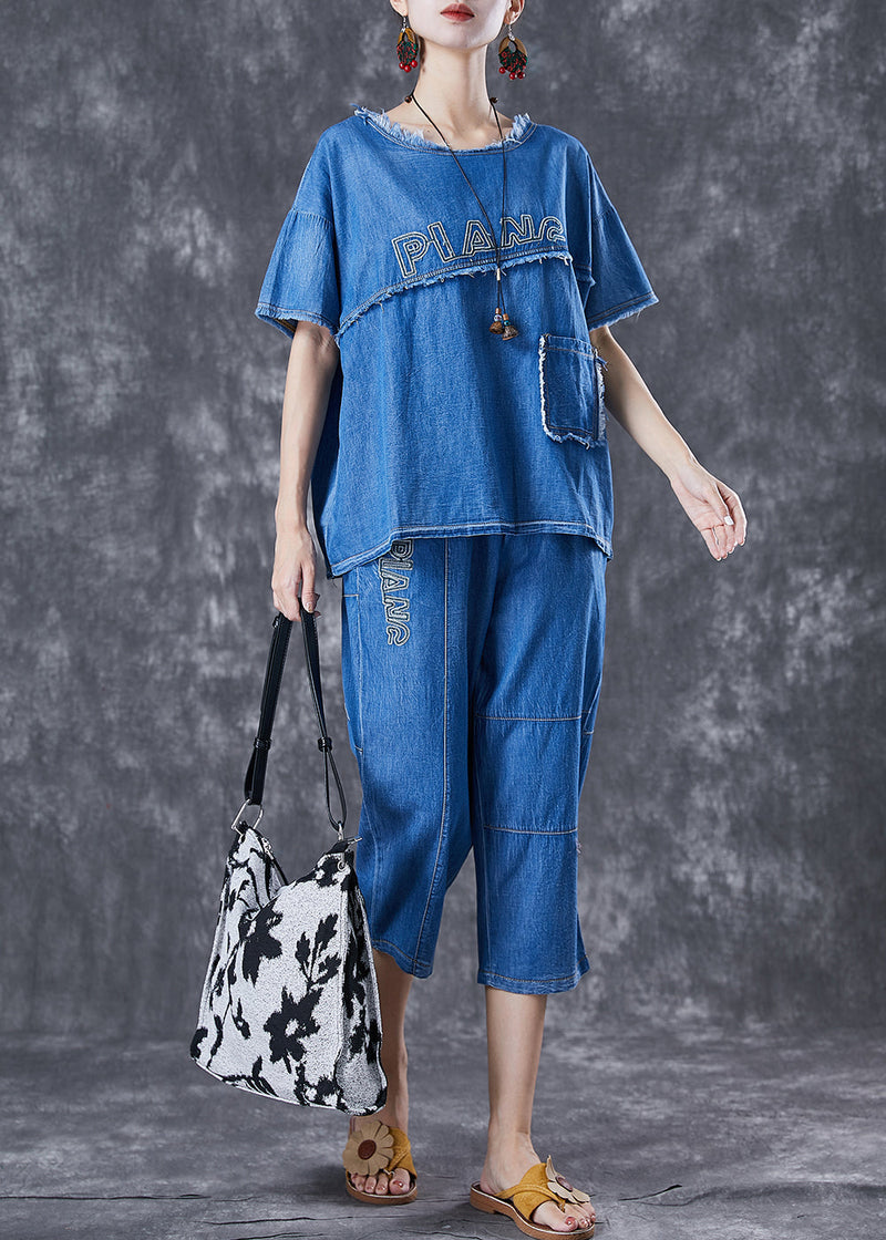 Blue Letter Embroidered Patchwork Denim Two Pieces Set Summer
