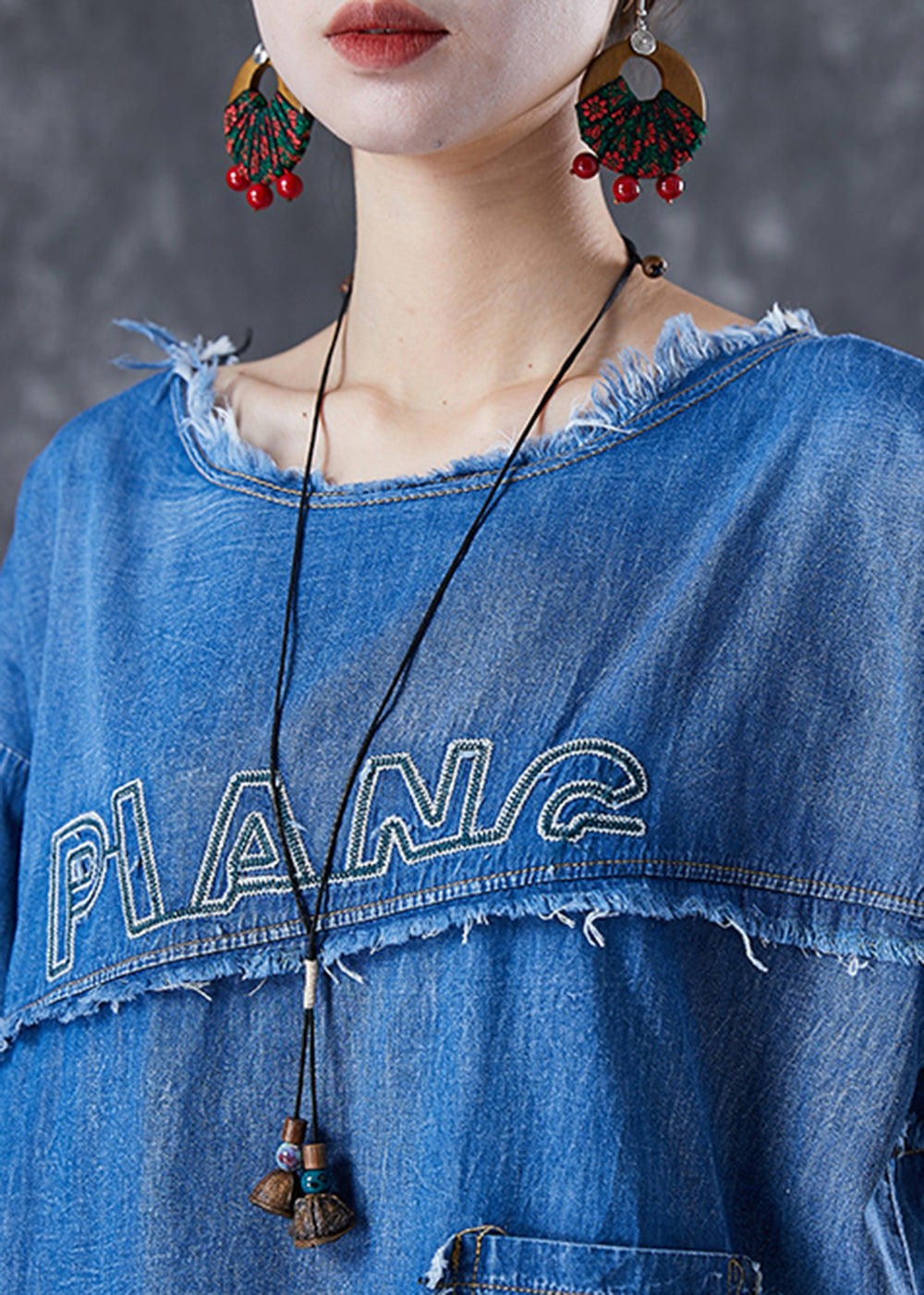 Blue Letter Embroidered Patchwork Denim Two Pieces Set Summer