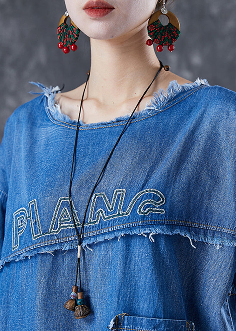 Blue Letter Embroidered Patchwork Denim Two Pieces Set Summer