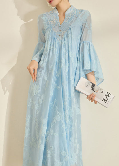 Blue Mandarin Collar Embroidered Cotton Party Dress Flare Sleeve