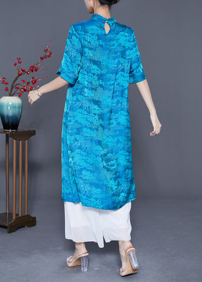 Blue Mandarin Collar Print Tassel Silk Robe Dresses Summer