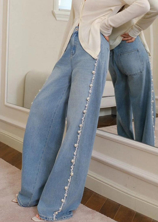 Blue Nail Bead Denim Wide Leg Pants Spring