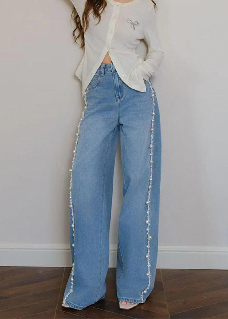 Blue Nail Bead Denim Wide Leg Pants Spring