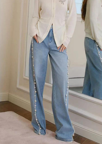 Blue Nail Bead Denim Wide Leg Pants Spring