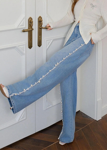 Blue Nail Bead Denim Wide Leg Pants Spring