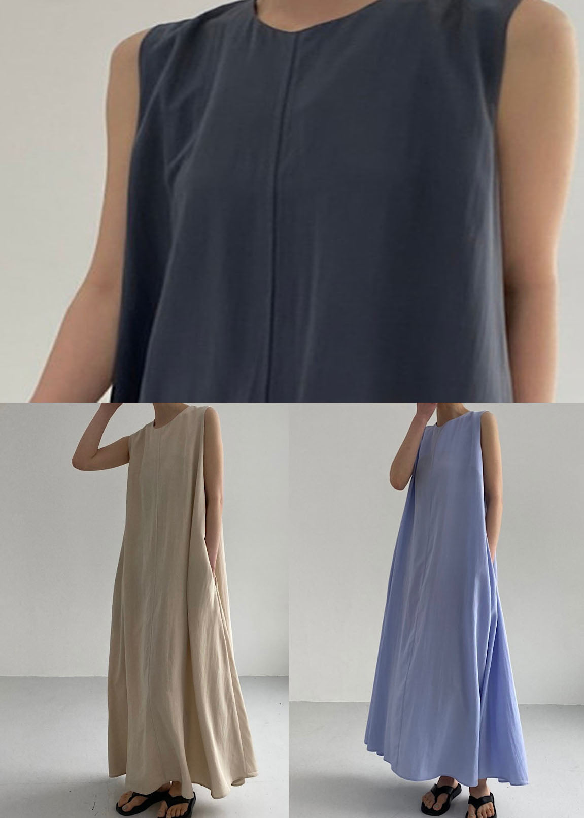 Blue O Neck Pockets Patchwork Cotton Dress Sleeveless