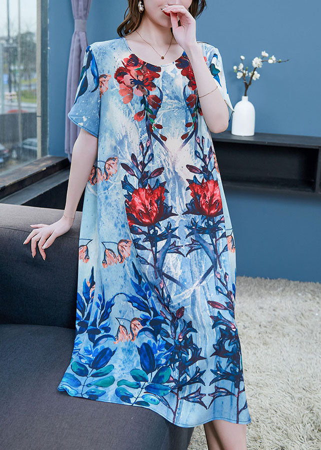 Blue O Neck Print Patchwork Chiffon Dresses Summer