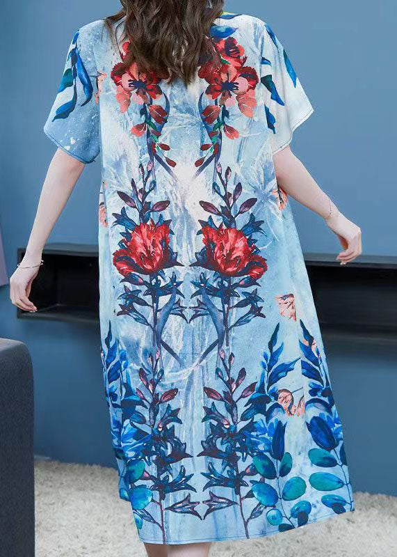 Blue O Neck Print Patchwork Chiffon Dresses Summer