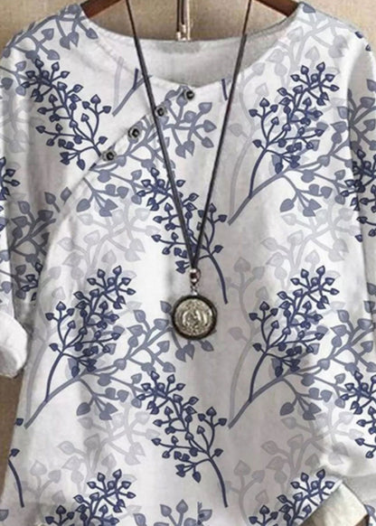 Blue O Neck Print Patchwork Cotton T Shirts Summer