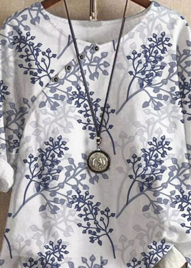 Blue O Neck Print Patchwork Cotton T Shirts Summer