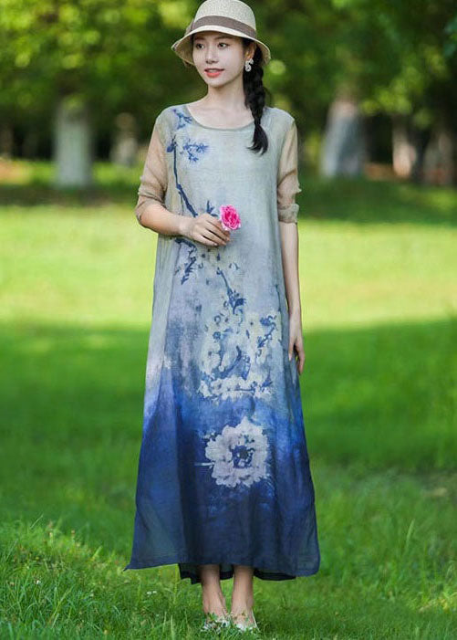 Blue O Neck Print Patchwork Linen Long Dress Summer