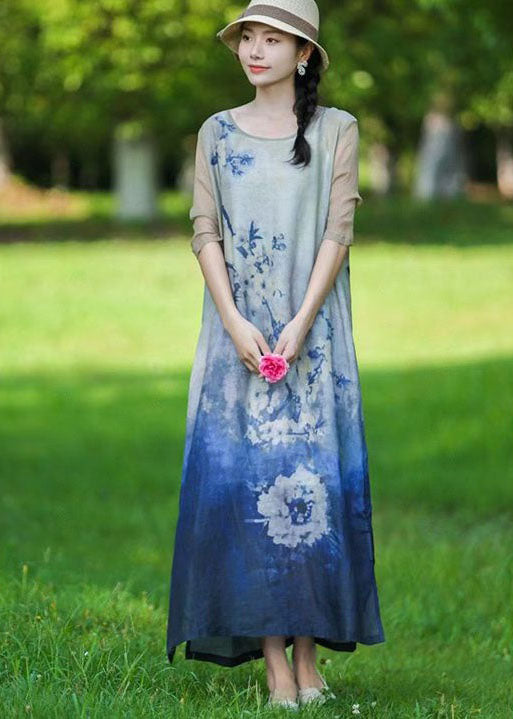 Blue O Neck Print Patchwork Linen Long Dress Summer