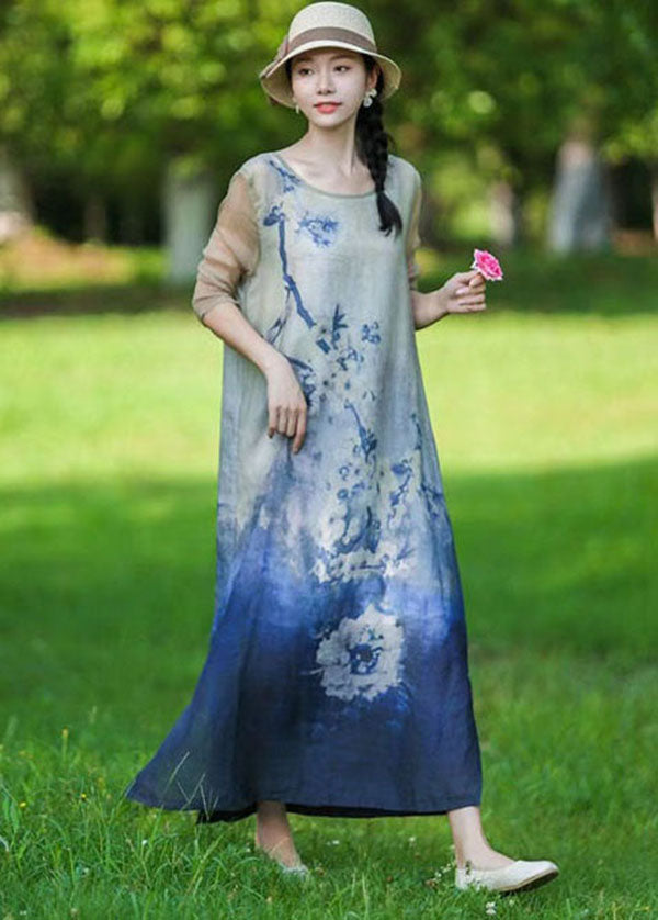 Blue O Neck Print Patchwork Linen Long Dress Summer