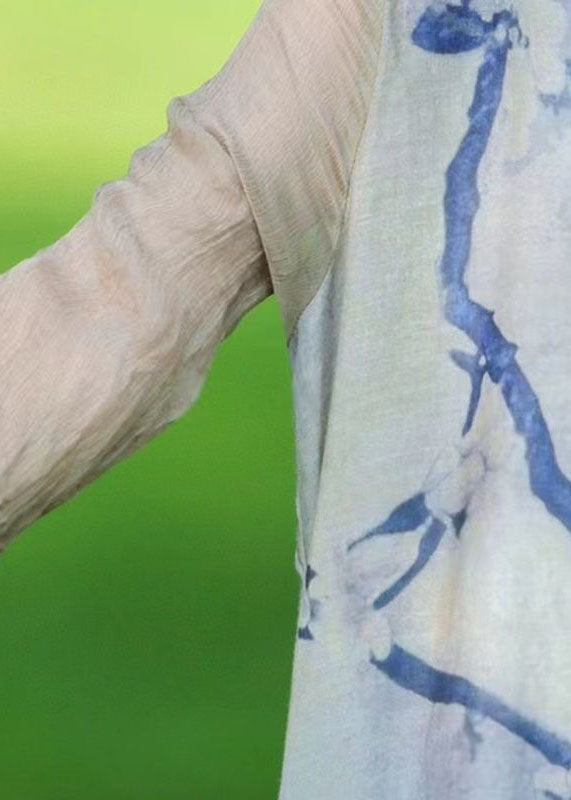 Blue O Neck Print Patchwork Linen Long Dress Summer