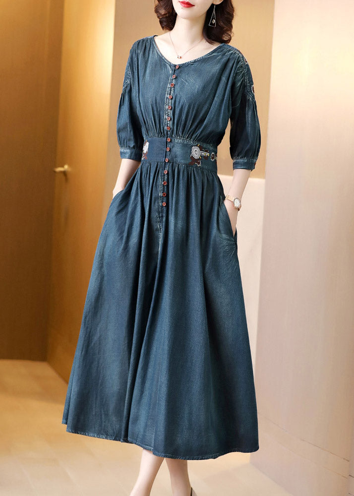 Blue O-neck Wrinkled Tunic Cotton Denim Maxi Dress Long Sleeve