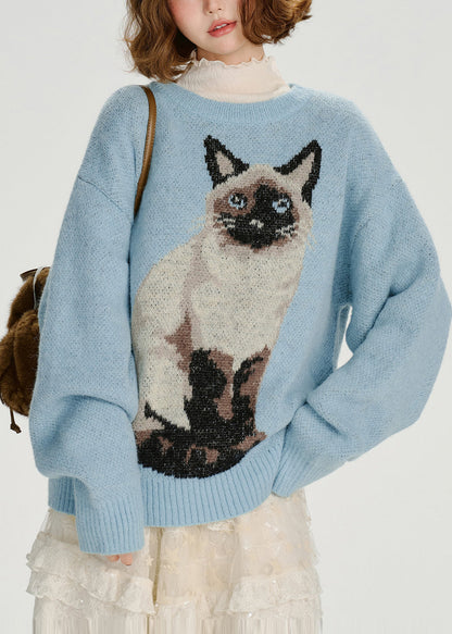 Blue Oversized Dog Jacquard Knit Sweater Tops Winter