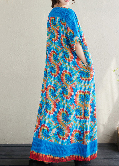 Blue Oversized Print Cotton Vacation Dress Batwing Sleeve