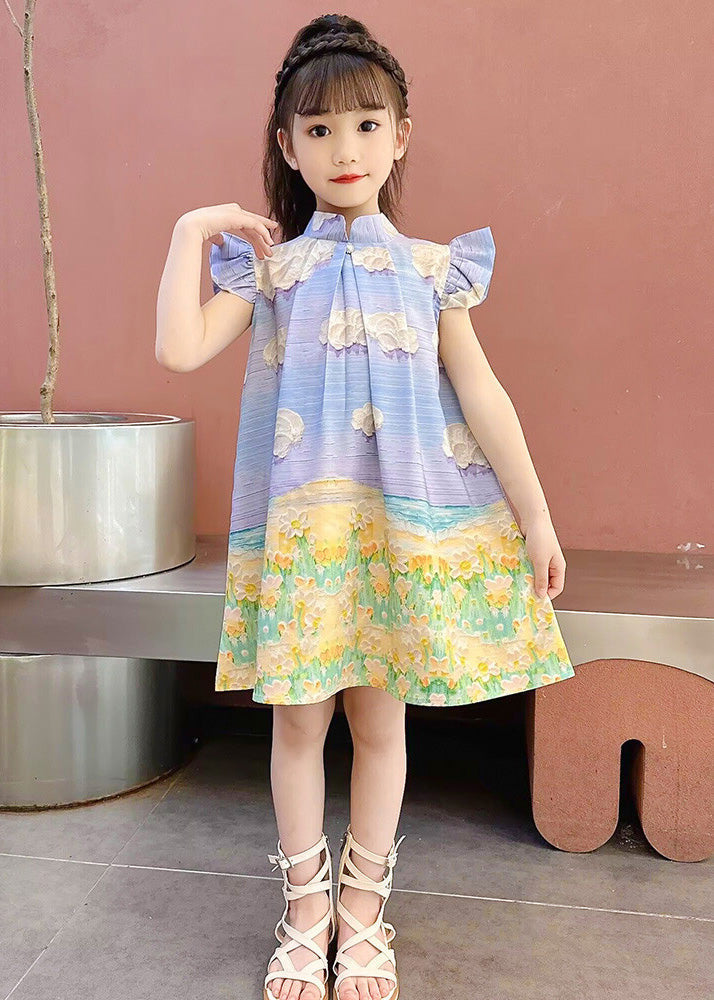 Blue Print Button Mid Dress Short Sleeve