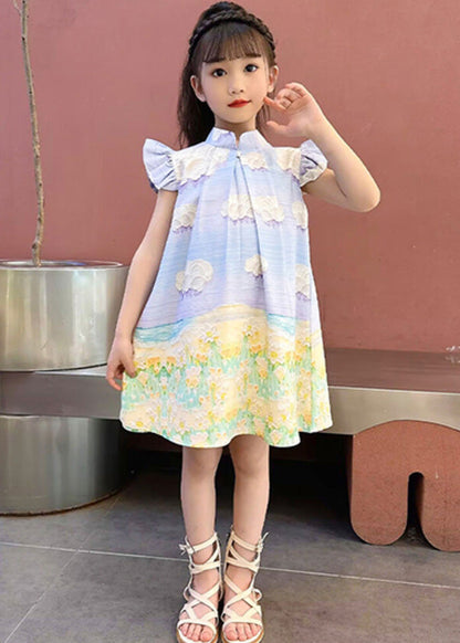 Blue Print Button Mid Dress Short Sleeve