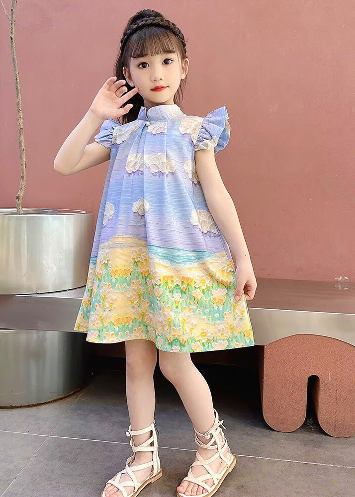 Blue Print Button Mid Dress Short Sleeve