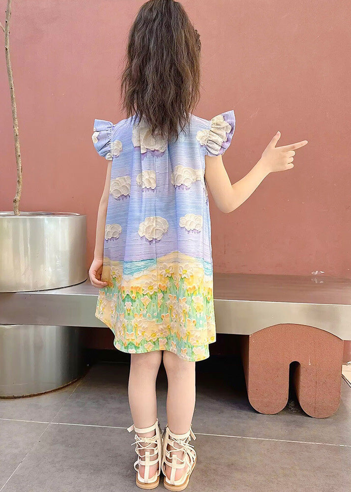 Blue Print Button Mid Dress Short Sleeve