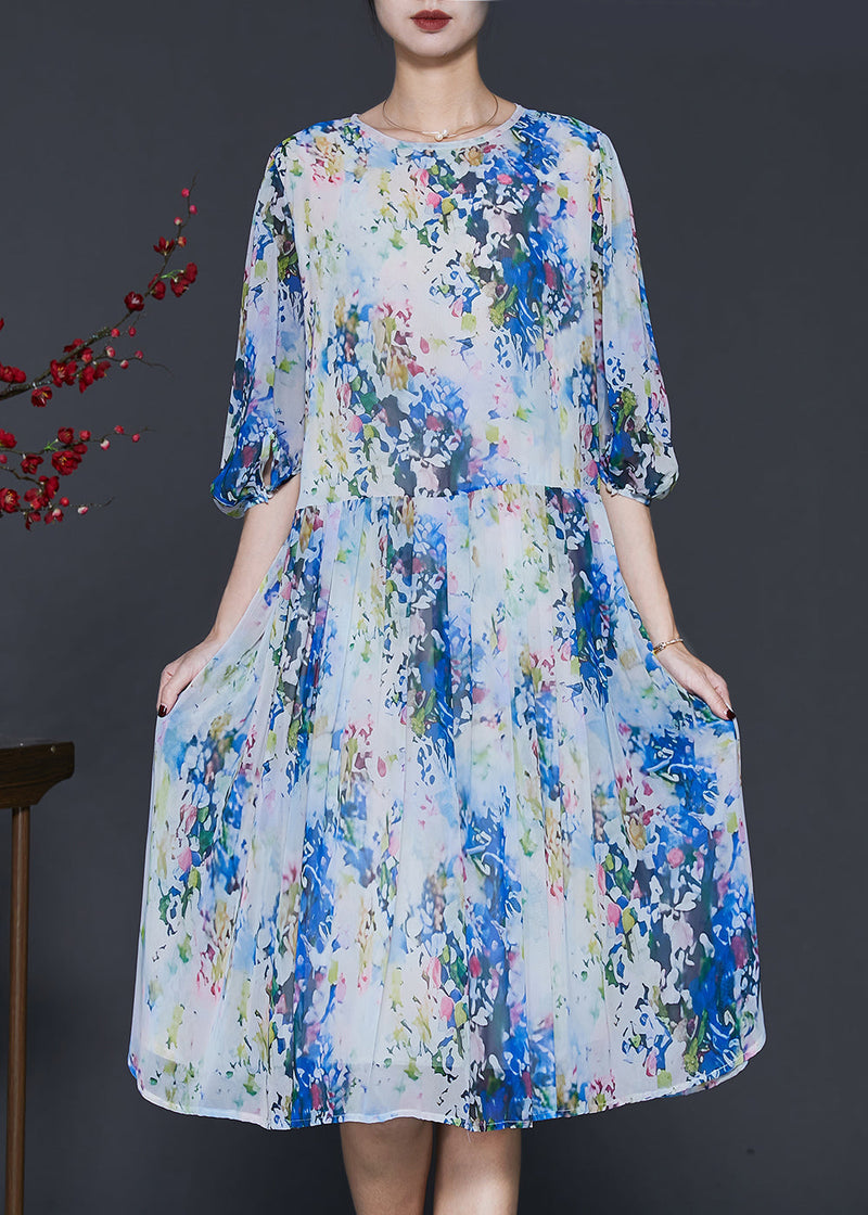Blue Print Chiffon Mid Dress Lantern Sleeve