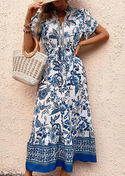 Blue Print Drawstring Chiffon Holiday Dress Summer