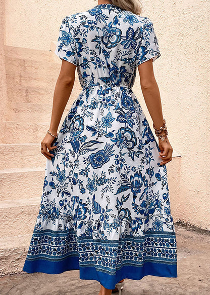 Blue Print Drawstring Chiffon Holiday Dress Summer