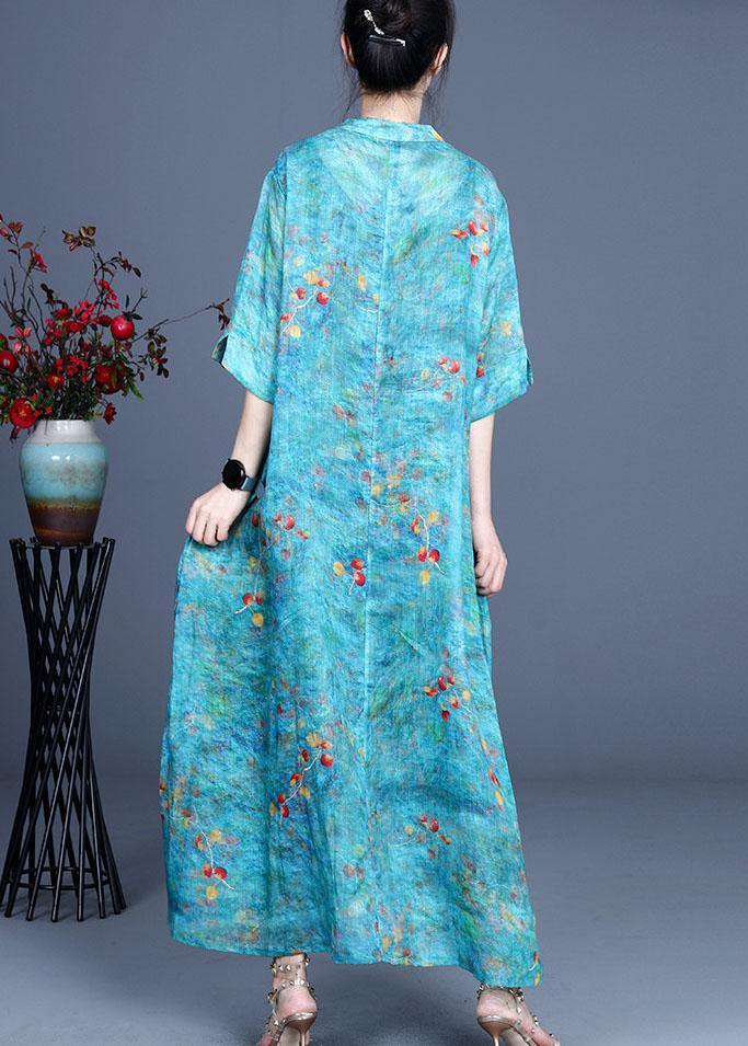 Blue Print O-neck Summer Ramie Long Dress Half Sleeve