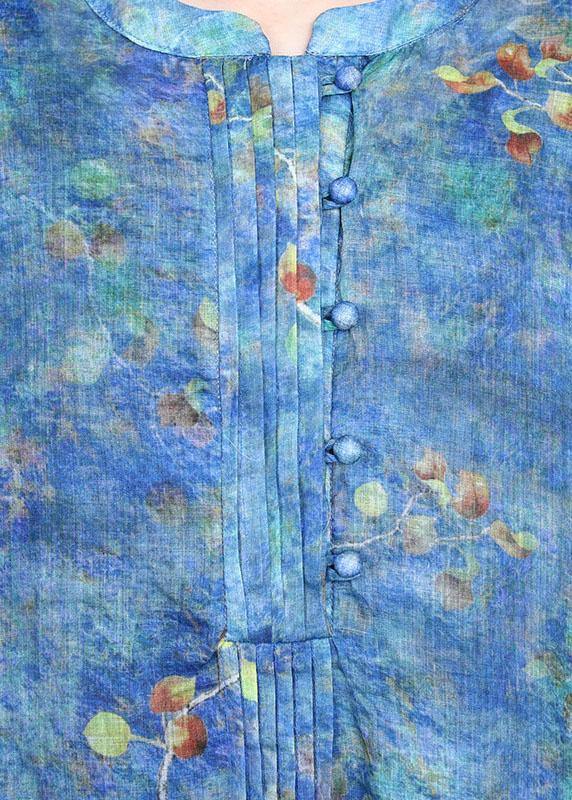 Blue Print O-neck Summer Ramie Long Dress Half Sleeve