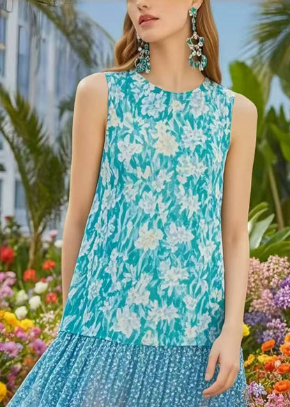 Blue Print Patchwork Chiffon Holiday Dress Low High Design Sleeveless