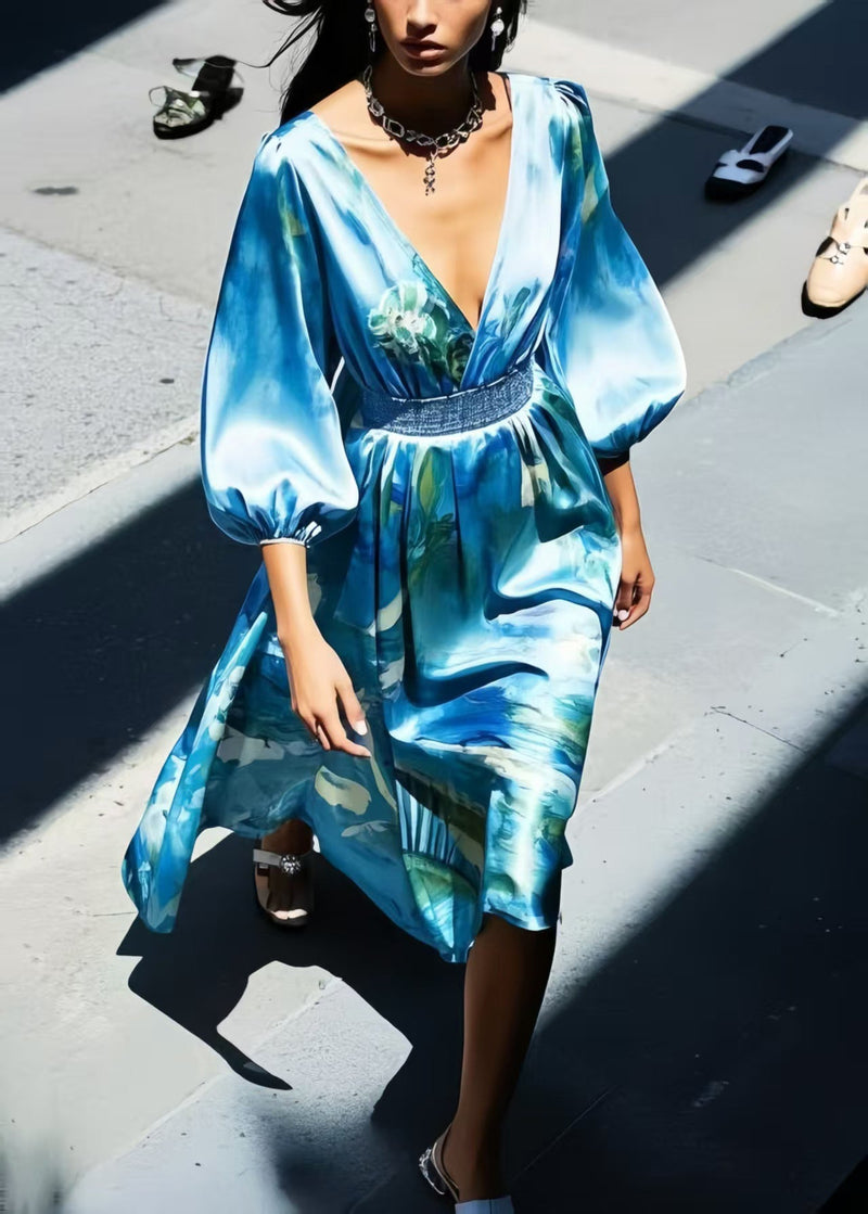 Blue Print Silk Tunic Dress Bracelet Sleeve