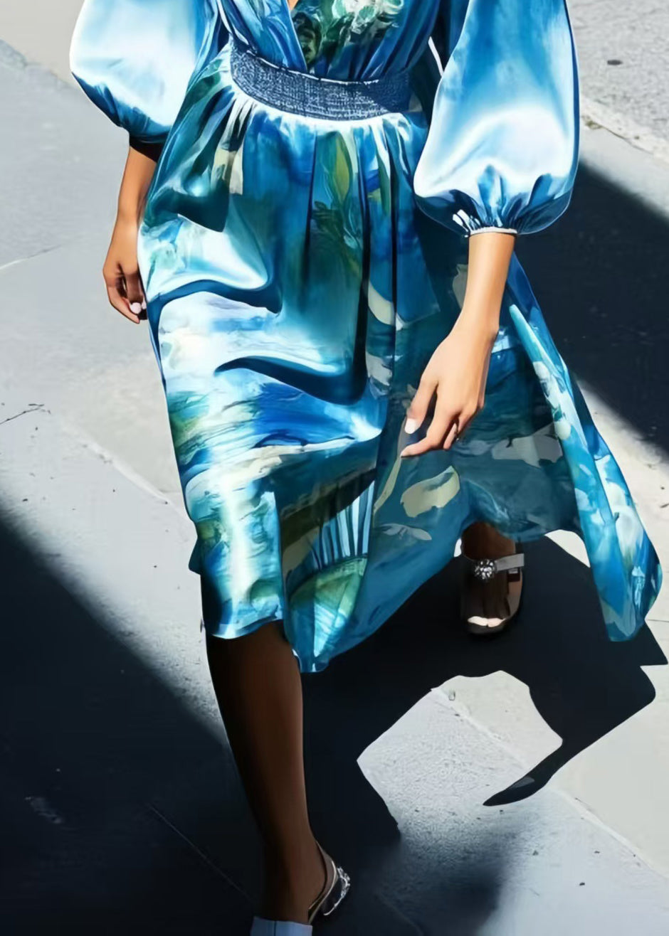 Blue Print Silk Tunic Dress Bracelet Sleeve