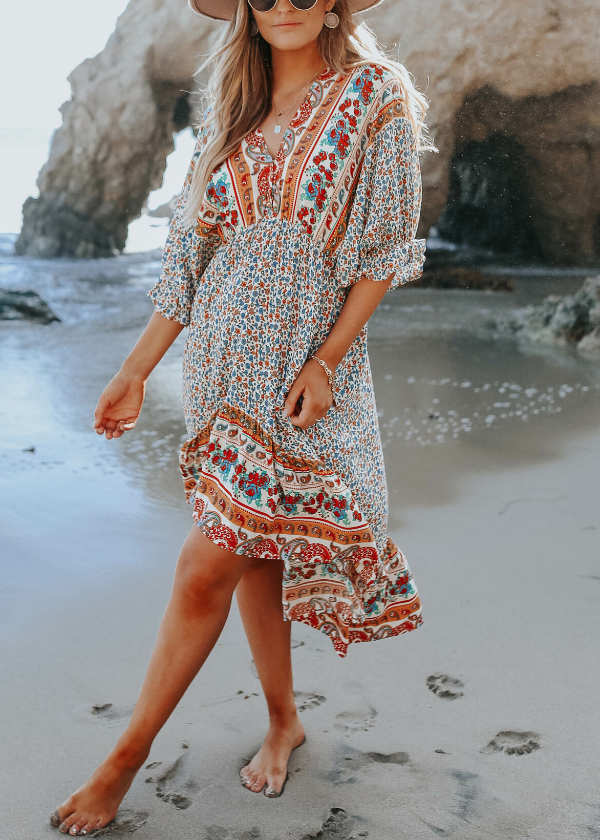 Blue Print V Neck Chiffon Dress Half Sleeve
